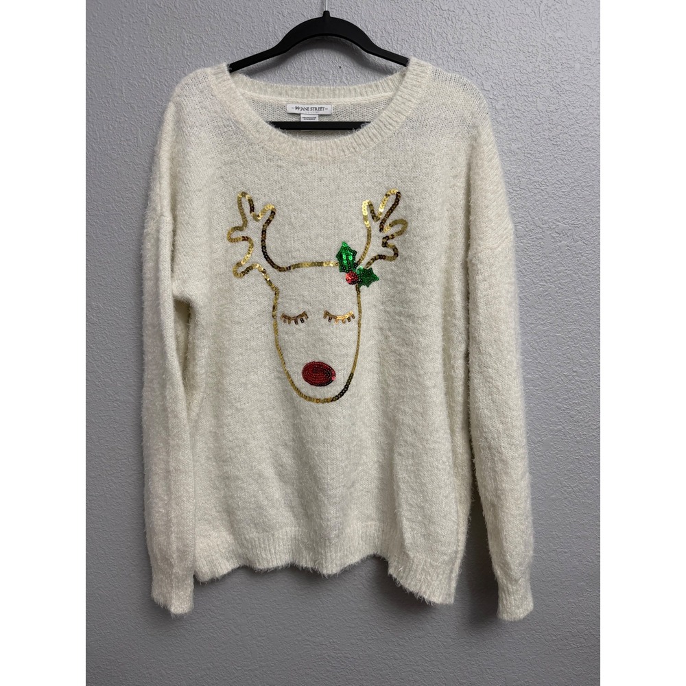 99 Jane Street Womens XL Reindeer Sequin Fuzzy Holiday Sweater Cream Christmas